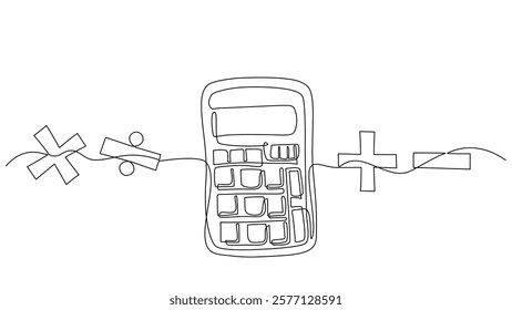 Continuous one line drawing of calculator with arithmetic symbols for calculation, problem-solving, and mathematical concepts. Minimalist, modern design for education or finance theme, Editable stroke