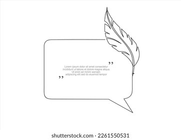 Continuous one line drawing of calligraphic feather and speech bubble. Trendy line art vector on a white background. Vector illustration.