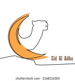 Continuous one Line drawing of camel and moon. Eid al-Adha simple vector background, web banner with camel and crescent. Vector illustration of Eid al-Adha for greeting card, icon, logo, poster.