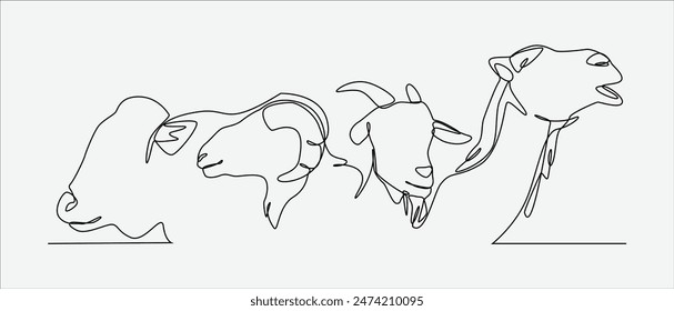 Continuous one line drawing of camel, sheep, cow, and goat. Concept of livestock, eid al adha. Editable stroke. Vector illustration.