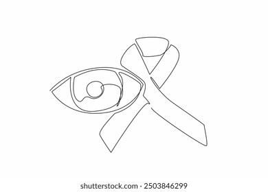 Continuous one line drawing the campaign ribbon next to eye. Invitation to care more about eye health. Prevention is better than cure. World Glaucoma Day. Single line draw design vector illustration