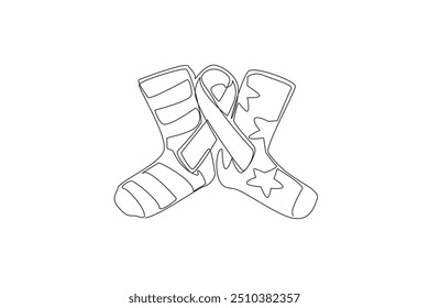 Continuous one line drawing campaign ribbon in the middle of two socks of different colors and motifs. Logo. Sign. Symbol. Rights. World Down Syndrome Day. Single line draw design vector illustration