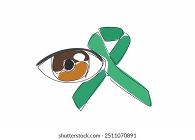 Continuous one line drawing the campaign ribbon next to eye. Invitation to care more about eye health. Prevention is better than cure. World Glaucoma Day. Single line draw design vector illustration