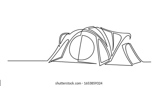 Continuous One Line Drawing Of Camping Tent.Travel Concept. Tourist Tent Isolated On A White Background. Vector Illustration