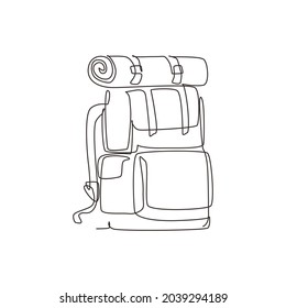 Continuous one line drawing camping backpack. Tourist retro back packs. Classic style hiking backpacks with sleeping bags. Camp and hike bags and knapsacks. Single line draw design vector illustration