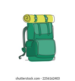 Mochila de acampada de una línea continua. Mochilas retro turísticas. Mochilas de senderismo de estilo clásico con sacos de dormir. Sacos y motos de campamento y de senderismo. Ilustración vectorial de diseño de líneas simples