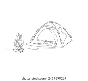 Continuous one line drawing of camping tent and bonfire. Camping tent outdoor and Bonfire single line art vector illustration. Editable stroke.