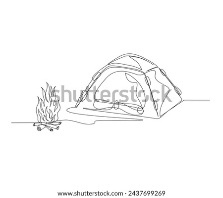 Continuous one line drawing of camping tent and bonfire. Camping tent outdoor and Bonfire single line art vector illustration. Editable stroke.