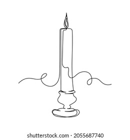 Continuous one line drawing of a candle burning in silhouette on a white background. Linear stylized.