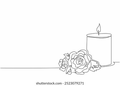 Continuous one line drawing candle with bouquet of red roses. Beauty. Love. Passion. Combination that creates a sense of comfort. Solace. World Candle Day. Single line draw design vector illustration