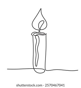 Continuous one line drawing candle burning flame. Black contour line simple minimalist graphic isolated vector illustration. Grief loss concept