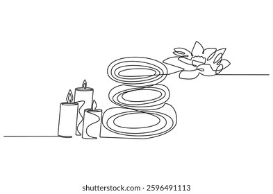 Continuous one line drawing of Candle stones and lotus flower. Single line drawing illustration of Stones, lotus and candle. Wellness and spa treatment concept vector art. Doodle line illustration. 
