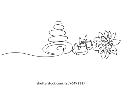 Continuous one line drawing of Candle stones and lotus flower. Single line drawing illustration of Stones, lotus and candle. Wellness and spa treatment concept vector art. Doodle line illustration. 
