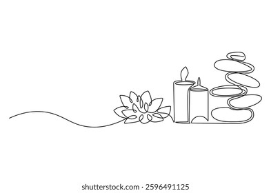 Continuous one line drawing of Candle stones and lotus flower. Single line drawing illustration of Stones, lotus and candle. Wellness and spa treatment concept vector art. Doodle line illustration. 
