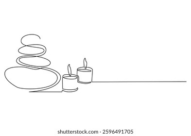 Continuous one line drawing of Candle and stones. Single line drawing illustration of Stones and candle. Wellness and spa treatment concept vector art. Doodle line illustration. 
