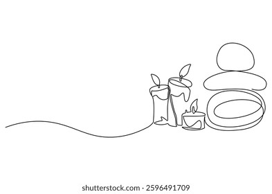 Continuous one line drawing of Candle and stones. Single line drawing illustration of Stones and candle. Wellness and spa treatment concept vector art. Doodle line illustration. 