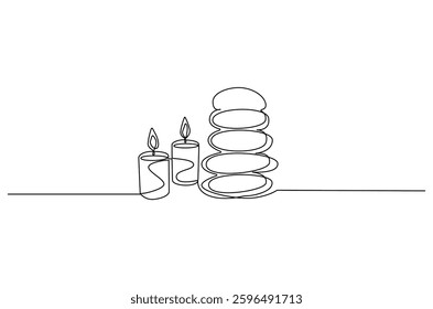 Continuous one line drawing of Candle and stones. Single line drawing illustration of Stones and candle. Wellness and spa treatment concept vector art. Doodle line illustration. 