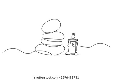 Continuous one line drawing of Candle and stones. Single line drawing illustration of Stones and candle. Wellness and spa treatment concept vector art. Doodle line illustration. 