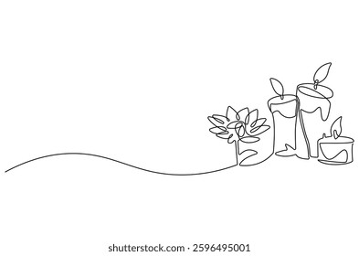 Continuous one line drawing of Candle and Lotus flower. Single line drawing illustration of Lotus flower and candle. Wellness and spa treatment concept vector art. Doodle line illustration. 
