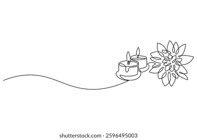 Continuous one line drawing of Candle and Lotus flower. Single line drawing illustration of Lotus flower and candle. Wellness and spa treatment concept vector art. Doodle line illustration. 
