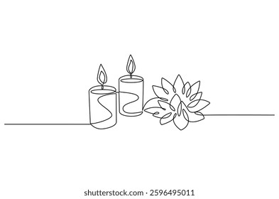 Continuous one line drawing of Candle and Lotus flower. Single line drawing illustration of Lotus flower and candle. Wellness and spa treatment concept vector art. Doodle line illustration. 
