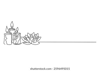 Continuous one line drawing of Candle and Lotus flower. Single line drawing illustration of Lotus flower and candle. Wellness and spa treatment concept vector art. Doodle line illustration. 
