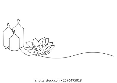 Continuous one line drawing of Candle and Lotus flower. Single line drawing illustration of Lotus flower and candle. Wellness and spa treatment concept vector art. Doodle line illustration. 
