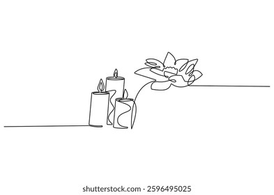 Continuous one line drawing of Candle and Lotus flower. Single line drawing illustration of Lotus flower and candle. Wellness and spa treatment concept vector art. Doodle line illustration. 
