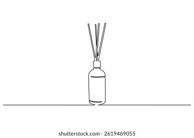 Kontinuierliche einzeilige Zeichnung von Kerze und Reed Diffusoröl. Einzeilige Zeichnung der Reed Diffusorflasche. Aromatisches Diffusorkonzept, Vektorgrafik. Doodle-Linien-Illustration.