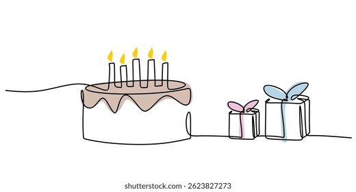 Continuous One Line Drawing Candle Cake Gift. Minimalist birthday celebration party present dessert event vector art illustration.