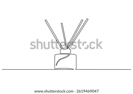 Continuous one line drawing of Candle and Reed Diffuser Oil. Single line drawing illustration of Reed diffuser bottle. Aromatic diffuser concept vector art. Doodle line illustration.
