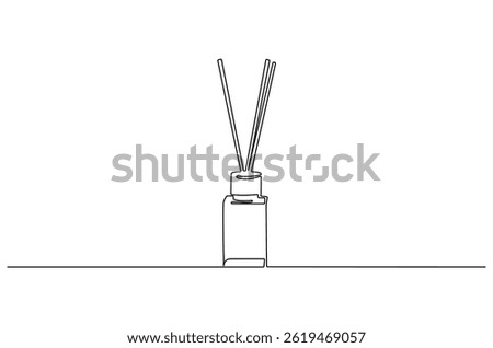 Continuous one line drawing of Candle and Reed Diffuser Oil. Single line drawing illustration of Reed diffuser bottle. Aromatic diffuser concept vector art. Doodle line illustration.