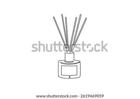 Continuous one line drawing of Candle and Reed Diffuser Oil. Single line drawing illustration of Reed diffuser bottle. Aromatic diffuser concept vector art. Doodle line illustration.
