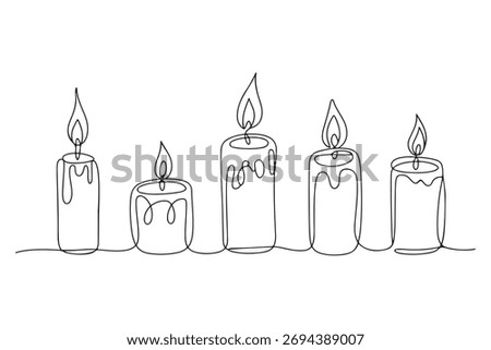 Continuous one line drawing of candle set with burning flames minimalist vector illustration
