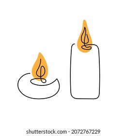 Continuous one line drawing candles with bright orange fire. Abstract hand drawn Burning fire candles by one line. Holiday or religious symbol. Fashionable trend vector