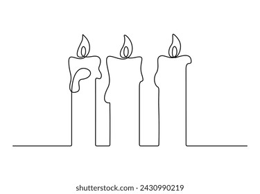 Continuous one line drawing of candles. Three candles one line art. Pro vector. 
