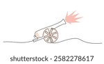 Continuous One line drawing of Cannon. Representing ancient military defense with simple barrel and wheels. Vector illustration hand drawn.