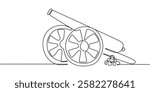Continuous One line drawing of Cannon. Ancient military defense symbol with basic barrel and wheel details. Vector illustration hand drawn.