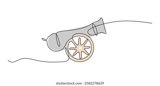 Continuous One line drawing of Cannon. Ancient military defense symbol with basic barrel and wheel details. Vector illustration hand drawn.