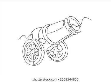 Desenho contínuo de uma linha de canhão. Equipamento de guerra do exército no campo de batalha, conceito de uma linha. Vetor de uma linha desenhado à mão. Traçado editável 