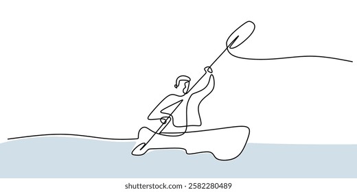 Continuous one line drawing of a canoeist rowing through water. Representation of endurance, rhythm, and outdoor adventure. Vector illustration hand drawn.