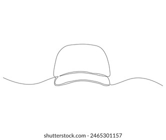 Continuous one line drawing of cap. One line drawing illustration of hiking adventure cap. Head accesories concept continuous line art. Editable outline.