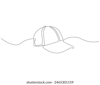 Continuous one line drawing of cap. One line drawing illustration of hiking adventure cap. Head accesories concept continuous line art. Editable outline.