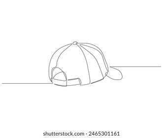 Continuous one line drawing of cap. One line drawing illustration of hiking adventure cap. Head accesories concept continuous line art. Editable outline.