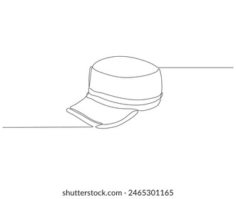 Continuous one line drawing of cap. One line drawing illustration of hiking adventure cap. Head accesories concept continuous line art. Editable outline.