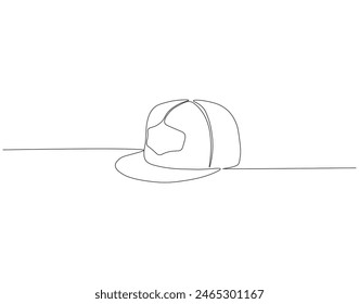 Continuous one line drawing of cap. One line drawing illustration of hiking adventure cap. Head accesories concept continuous line art. Editable outline.