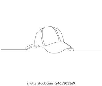 Continuous one line drawing of cap. One line drawing illustration of hiking adventure cap. Head accesories concept continuous line art. Editable outline.