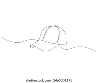 Continuous one line drawing of cap. One line drawing illustration of hiking adventure cap. Head accesories concept continuous line art. Editable outline.