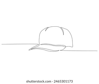 Continuous one line drawing of cap. One line drawing illustration of hiking adventure cap. Head accesories concept continuous line art. Editable outline.