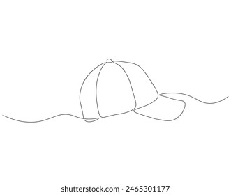 Continuous one line drawing of cap. One line drawing illustration of hiking adventure cap. Head accesories concept continuous line art. Editable outline.